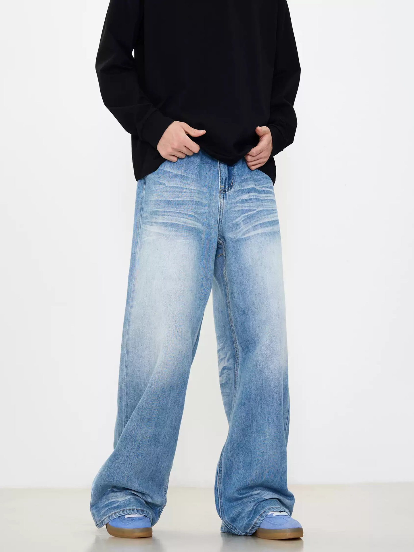 Men's Clothing Unisex American Style CleaAfit Distressed Denim Jeans Vintage Washed Floor Length Loose Straight Leg Wide Leg Trousers_mkmklike.com