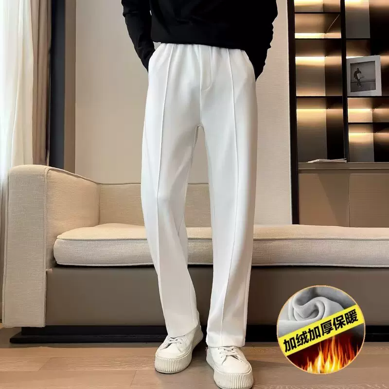 秋冬男士韩系简约百搭加绒西裤男潮流时尚阔腿直筒宽松休闲长裤