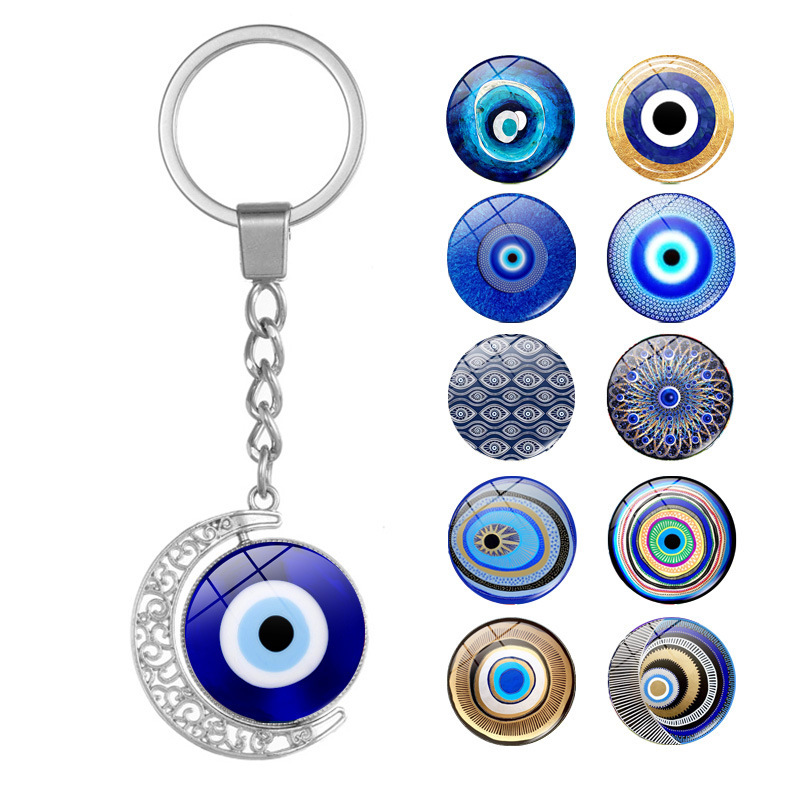 Blue Turkish Evil Eye Keychain Pendant Double-Sided Rotating Moon Pendant Metal Keychain Accessory Blue Turkish Evil Eye Keychain Pendant Double-Sided Rotating Moon Pendant Metal Keychain Accessory
