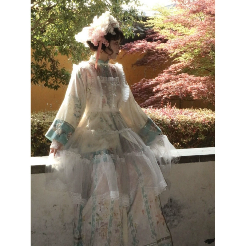 Эклектичная женская плиссированная юбка Hanfu в стиле Ханфу в стиле династии Цин, с диагональным воротником, милый весенне-летний наряд в стиле Лолиты.