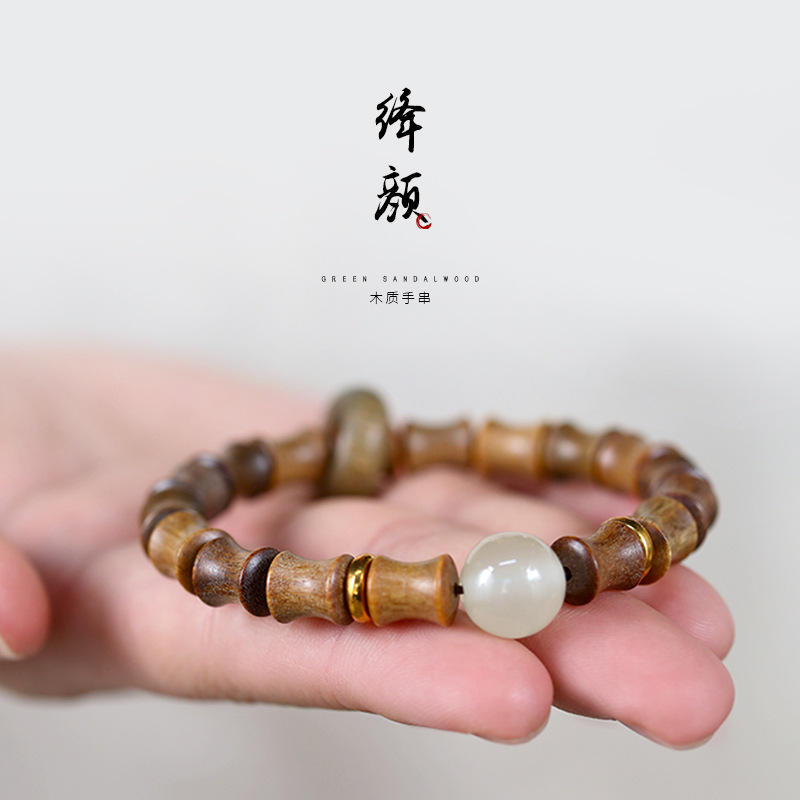 Yyan สร้อยข้อมือไม้จันทน์สีเขียวธรรมชาติประดับหินมูนสโตนสำหรับผู้หญิงสร้อยข้อมือสไตล์ย้อนยุค