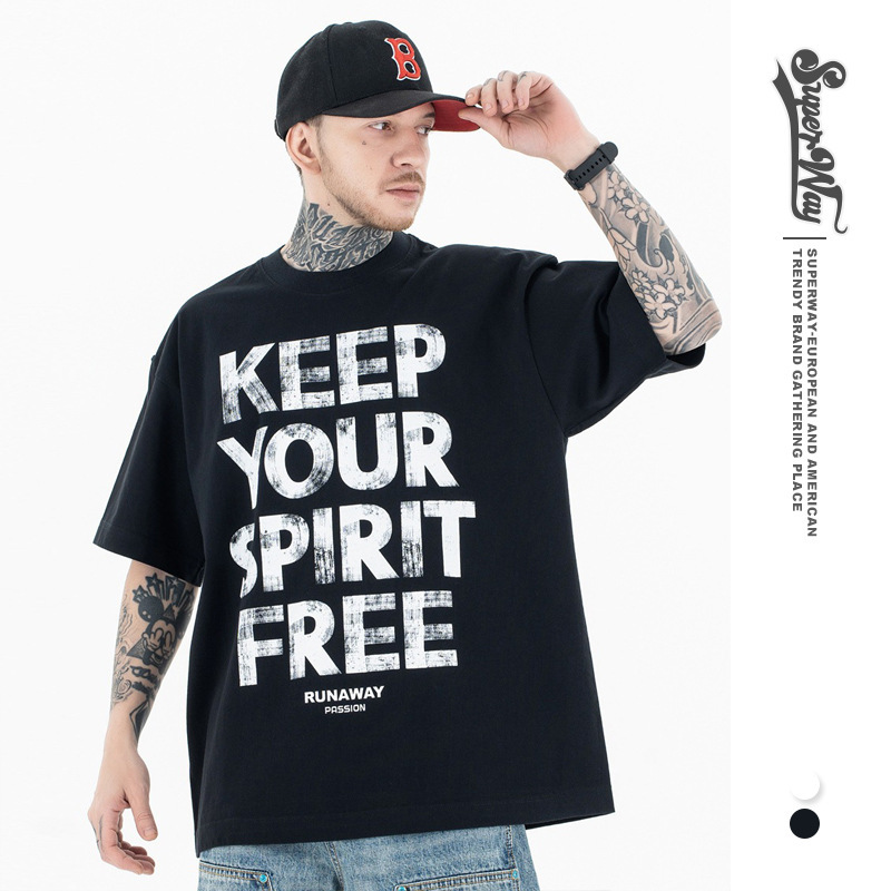 Lanhai Men's 2025 Spring and Summer New Fashion Brand Keep Your Spirit Free Printing Crewneck Short-sleeved T-shirt for Men and Women