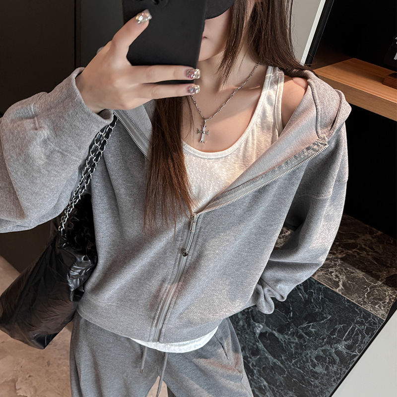 严选连帽卫衣外套女秋冬新款宽松休闲显瘦美式复古拉链加厚上衣