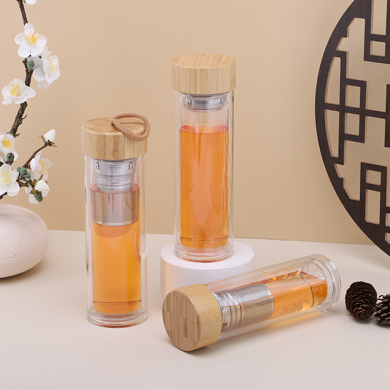 Comercio exterior portátil de copas de vidrio, copas de bambú de alto silicio de silicio, separación de té, copas de vidrio de aislamiento de doble capa