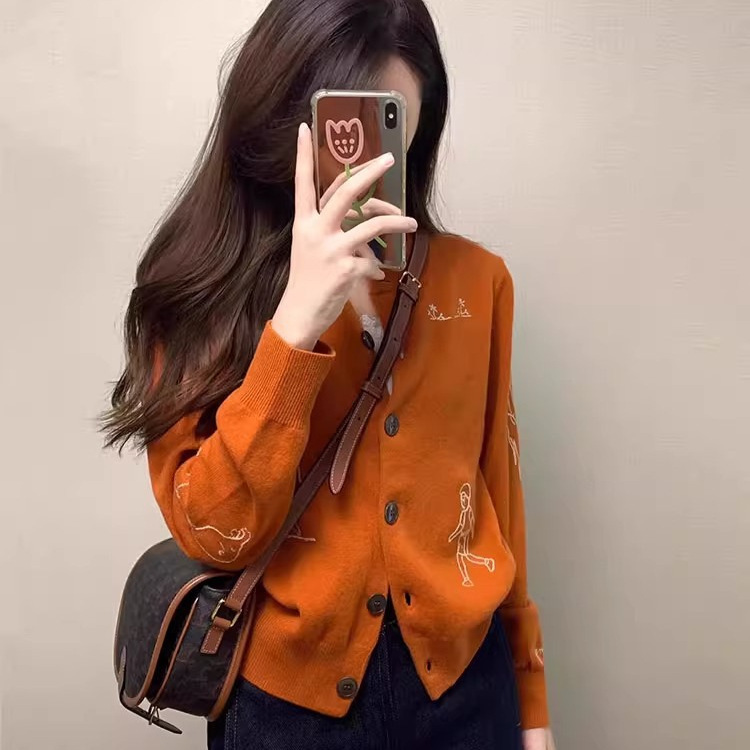 Orange Embroidered Cashmere Sweater Coat Women's Autumn and Winter Short Soft Waxy High-end Elegant Outer Knitted Cardigan