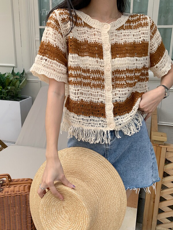 Crochet Hollow Tassel Short-sleeved Knitted Cardigan Women's Summer Western Style Retro Age-reducing Slimming Beautiful Small Shirt Top