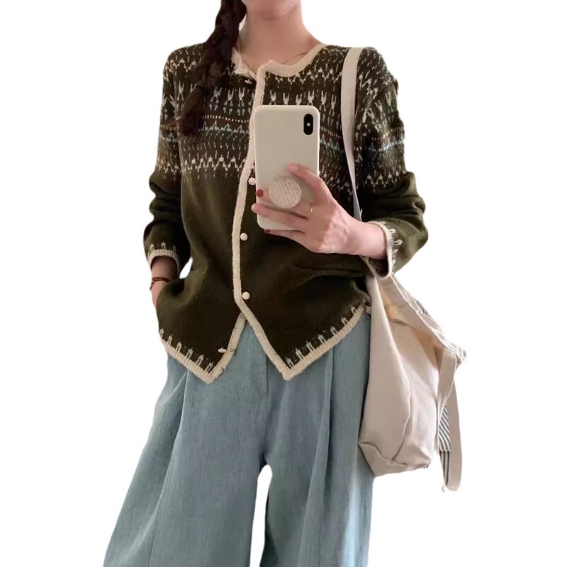 复古提花针织开衫女秋冬外搭2025新款宽松慵懒毛衣外套上衣|undefined