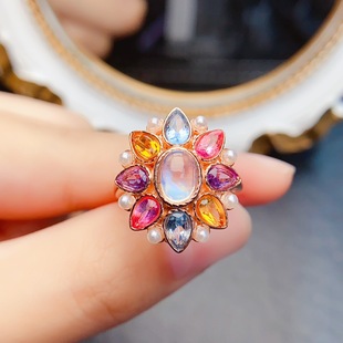 New natural moonstone ring S925 silver inlaid main stone 5*7mm Joker net red explosions women's jewelry wholesale