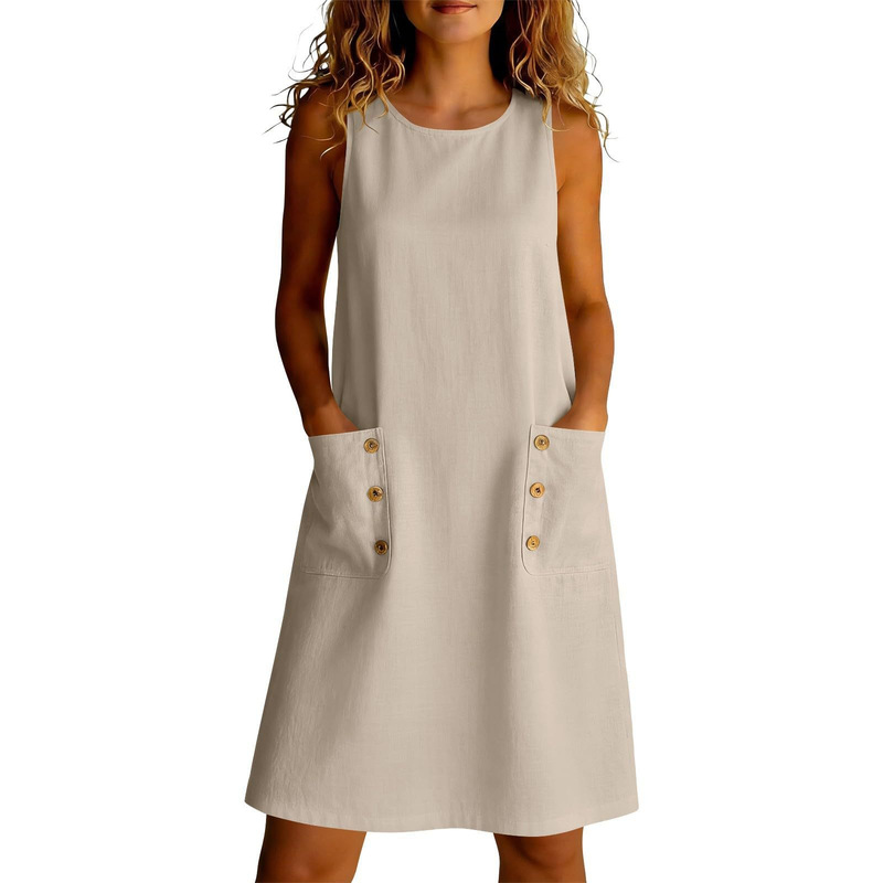 2026 Amazon European and American Cross-Border New Women's Solid Color Sleeveless Vest Pocket Dress