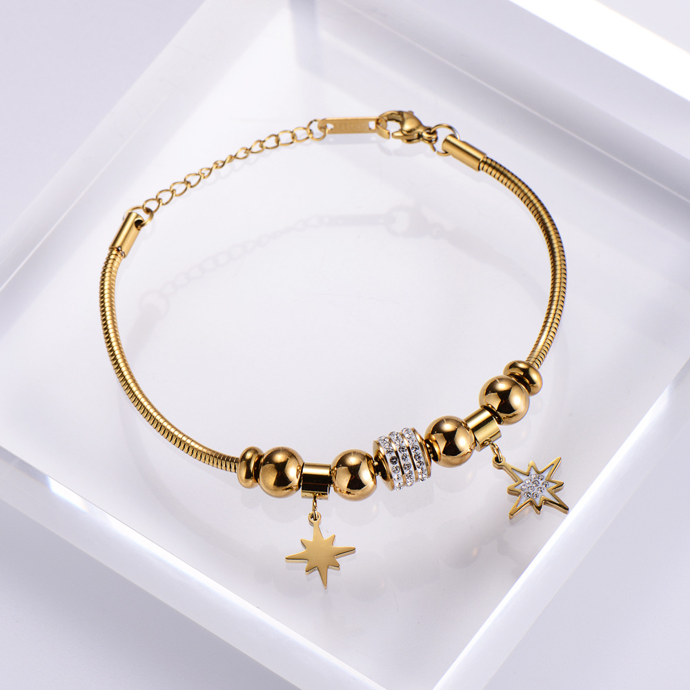 wholesale 18k gold diamond stainless steel ball star beaded snake bone bracelet NHON592179picture3