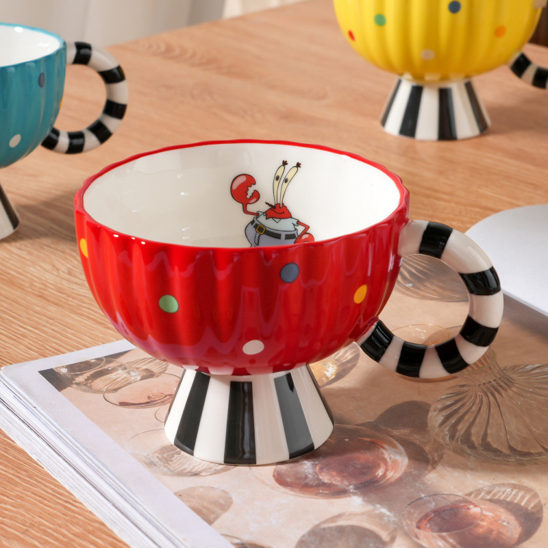 Tazas de cerámica de pies altos de Bob Esponja creativas onduladas tazas de agua a rayas manejo tazas de café de pareja para mujeres