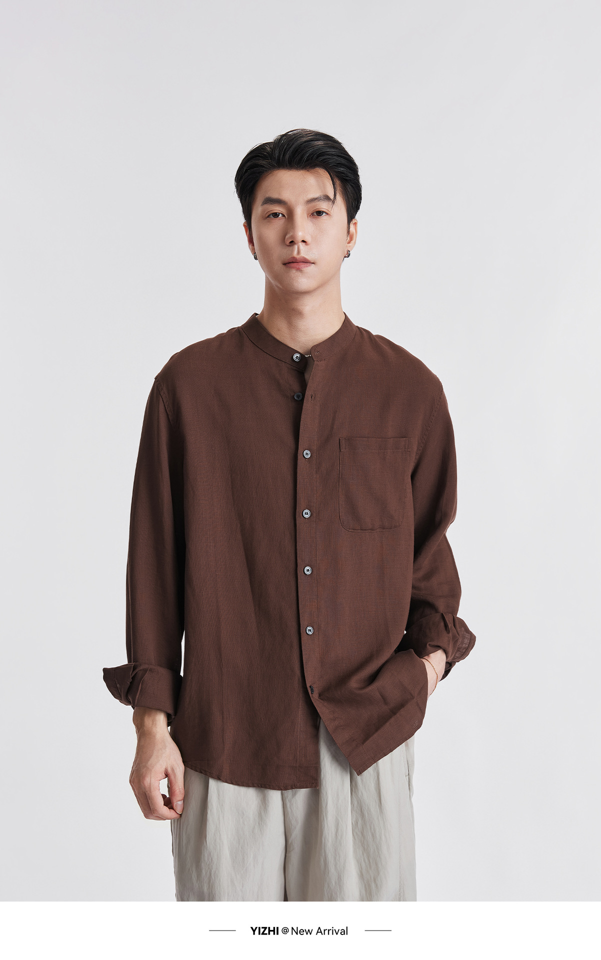 Áo sơ mi nam linen cổ đứng tay dài mùa hè, chất liệu lanh thoáng khí, phong cách Trung Hoa, túi đơn — Xanh navy chi tiết 14