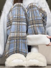蓝色毛呢格子裤女秋春夏2025新款宽松慵懒休闲直筒显瘦加绒阔腿裤