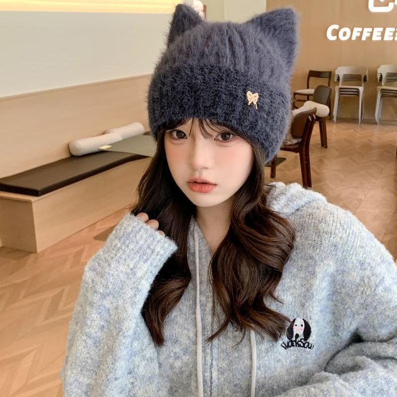 可爱猫耳朵毛线帽子女秋冬季新款加厚保暖户外防寒百搭针织帽批发|undefined