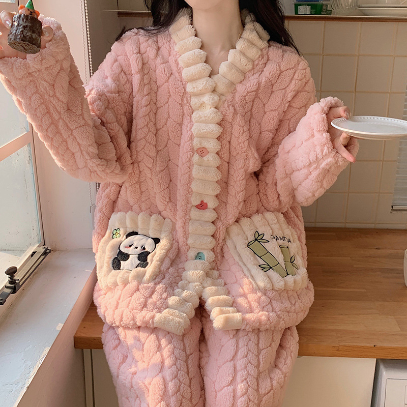Pijama de mujer otoño y invierno pequeño viento fragrante hojas de terciopelo pijama relajado ocio calentamiento grueso transmisión en vivo ropa de hogar transfronteriza