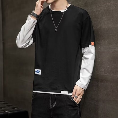 Men's Spring Korean Style Pajama Top with Long Sleeve Base Shirt, Round Neck Slim Fit Autumn T-Shirt Top