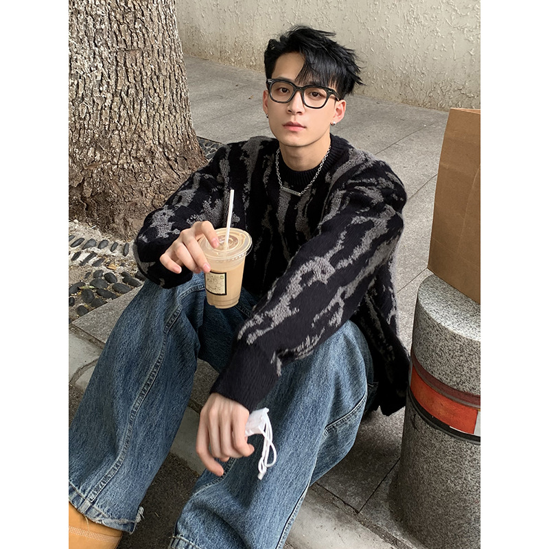 Youth Round Neck Knitwear Men's Autumn and Winter American Retro Contrasting Color Lazy Style Knitwear Loose Trendy Brand Knitwear