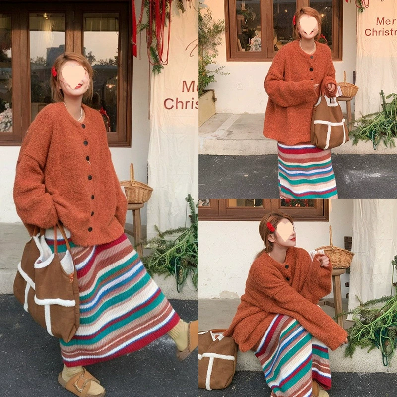 Набор из двух частей один винтажный свободный ленивый свитер куртка нежная полосатая юбка юбка моды костюм женский