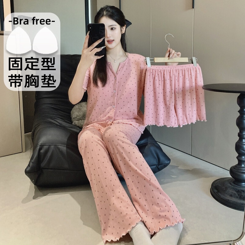 Wholesale [in Stock New Model] 65 Trendy Cotton Pajamas for Women Spring/Summer with Chest Pad Cardigan Short Sleeve One-Piece Dropshipping
