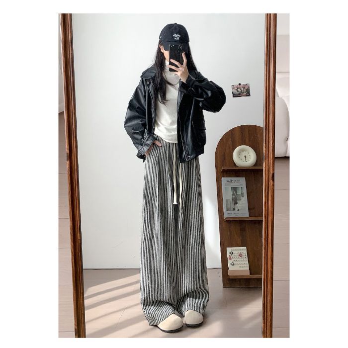 咖色竖条纹毛呢裤女春秋新款韩版复古直筒春秋冬拖地松紧腰阔腿裤|undefined