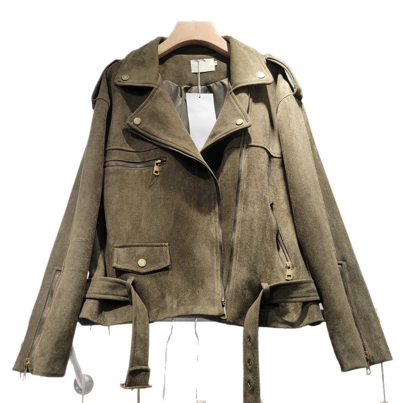 Chaqueta de Gamuza con Cremallera para Mujer, Piel de Imitación, Cuello de Traje, Suelto, Manga Larga