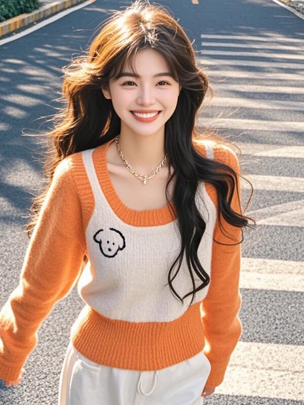 今年流行假两件橙色小狗毛衣女装秋季2025新款多巴胺穿搭针织上衣|undefined