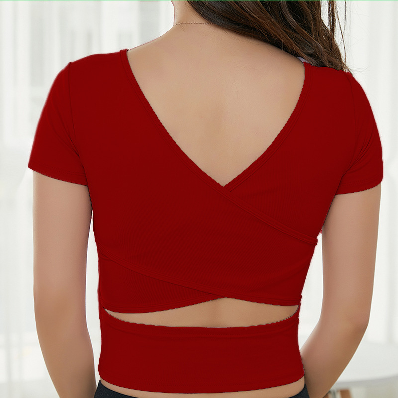 Changyue new beautiful back fitness clothing cross fashion summer yoga clothing short sleeve women's sweat absorbent breathable sportswear wholesale