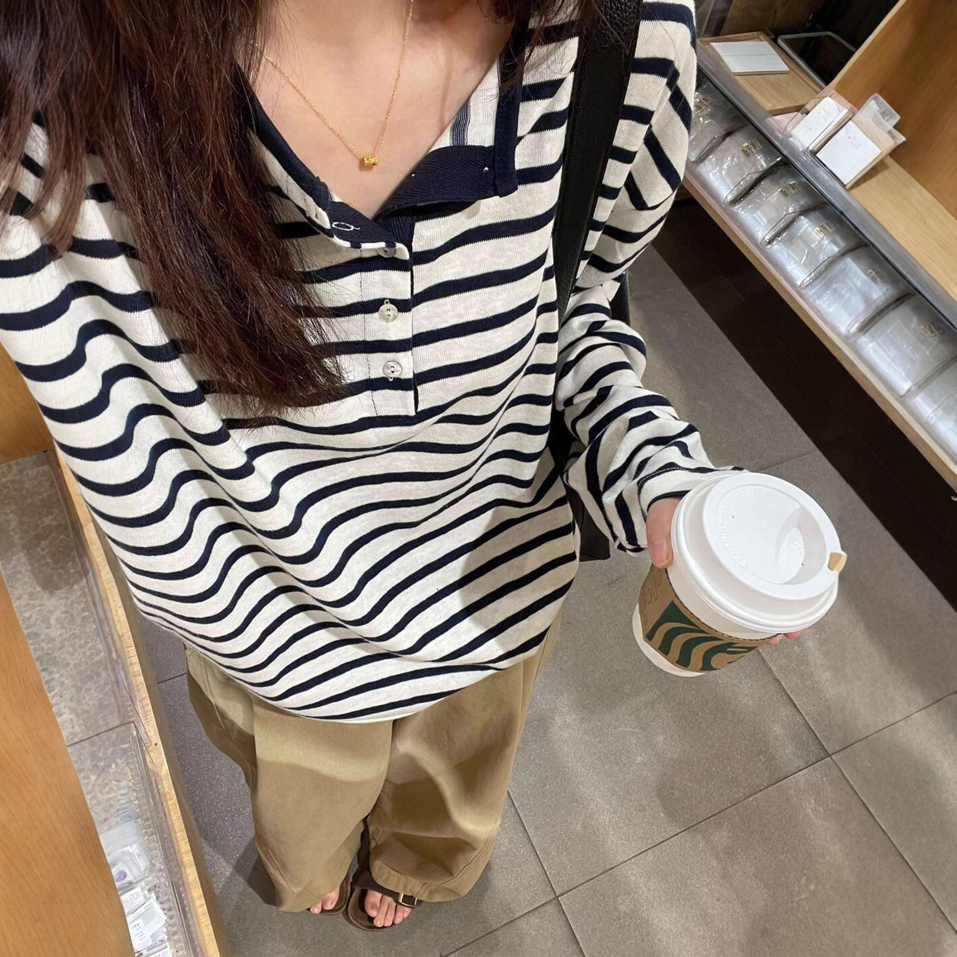2025韩版松弛感纽扣条纹T恤女宽松慵懒风长袖百搭时尚上衣潮女