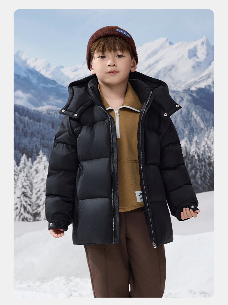 Kids Winter Puffer Jacket With 90% White Duck Down, Short Thickened Coat For Boys & Girls, Trendy Outerwear For Big Kids (120-170cm, Black/Smoke Grey)_voghion.com