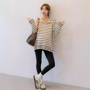 Autumn and Winter Maternity Fashion Striped Lace-up Maternity Sweater Base Shirt Loose Mid-length Casual Inner Knitted Sweater