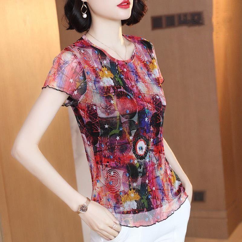Printed lace shirt New elastic mesh knitted T-shirt women's summer round neck short sleeve slim temperament top lace shirt