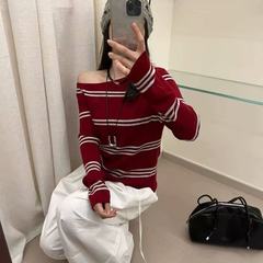 韩系休闲斜肩条纹针织衫女上衣秋冬季时尚减龄气质内搭打底毛衣潮