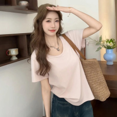 ルーズ U ネック純綿 Tシャツ女性のためのピンク半袖 2025 夏の新スタイル怠惰なスタイルカジュアル多用途無地右肩 Tシャツ