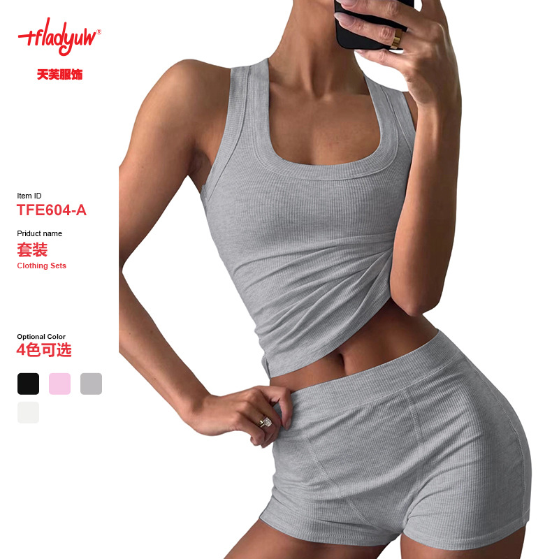 Women's Casual Solid Color Round Neck Slim Vest High Waist Shorts Suit Sexy Hot Girl Suit Y2K European Foreign Trade
