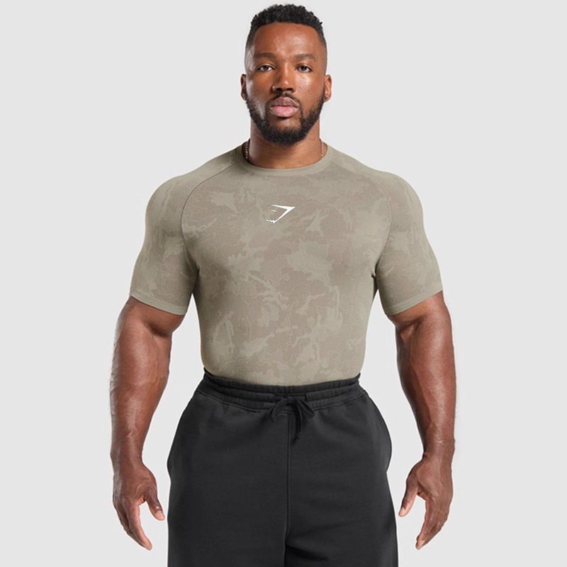 Gymshark Men's Sports Fitness Short-Sleeved Basketball Running Printed Casual Elastic Training Sports Tight T-Shirt