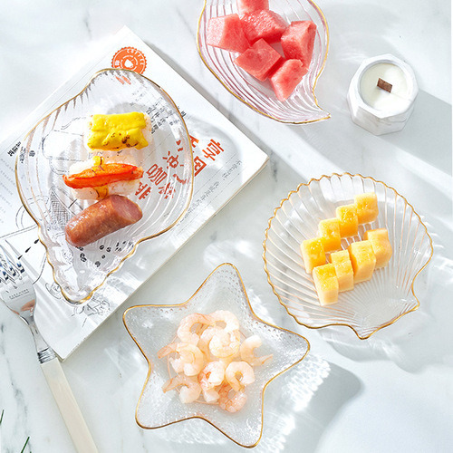 Creative gold edge transparent glass plate ocean series plate bowl tableware set fruit plate snack dessert cake plate