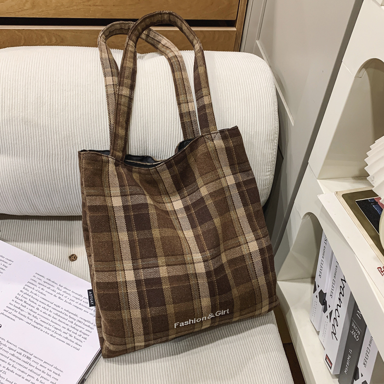 Winter New Plaid Bag For Women Korean Lazy Style Large Capacity Student School Commuter Shoulder Bag Tote Bag - Thumbnail 8