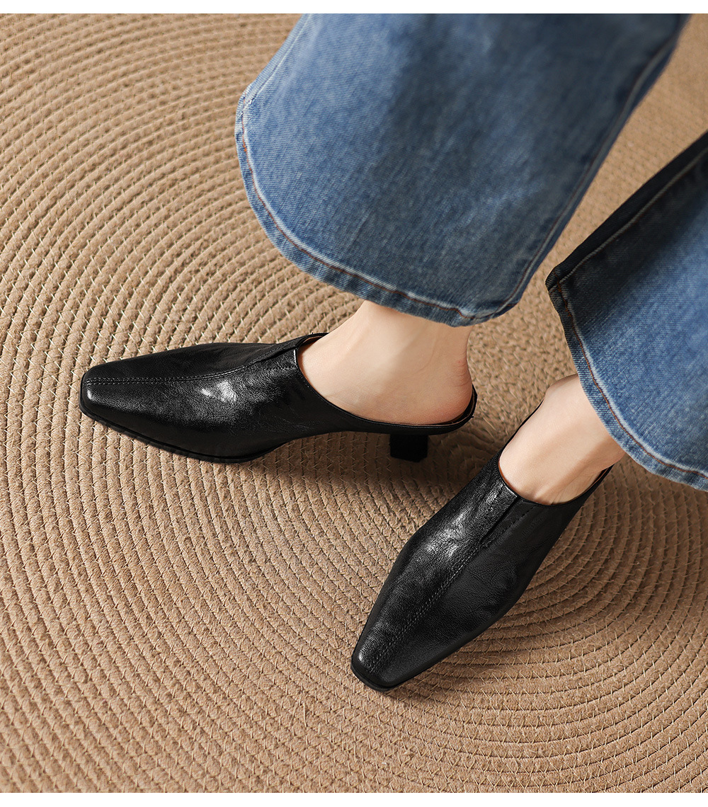 Sandal nữ bít mũi cao gót thô 5 cm, da bò mùa xuân hè — đen chi tiết 8