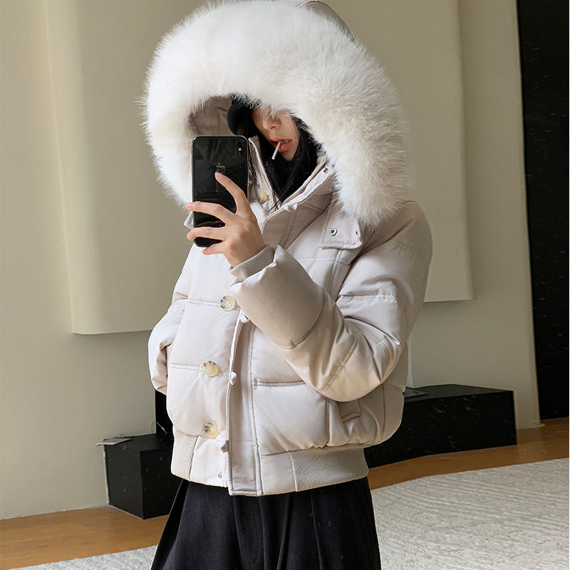 2025 invierno nueva ropa de algodón Pike transfronteriza mujer abrigo abrigo con capuzas cuello de cabello grande chaqueta de algodón pequeño abrigo grueso image 3