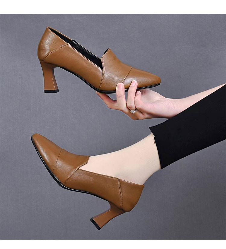 Giày cao gót nữ da thật mũi nhọn gót vuông 7 cm — Kaki 7 cm chi tiết 5