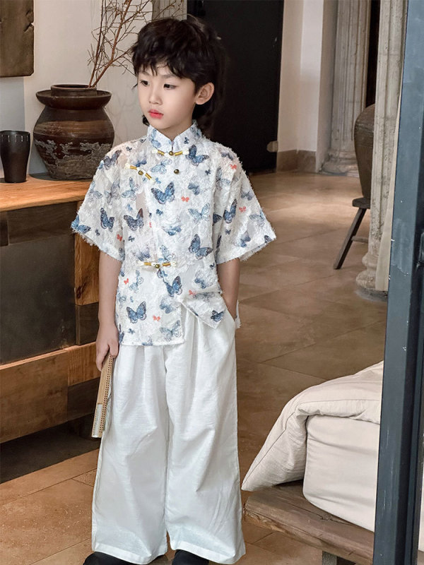 2025新中式儿童套装 男童蝴蝶提花上衣 + 白色棉麻阔腿裤一件代发|undefined