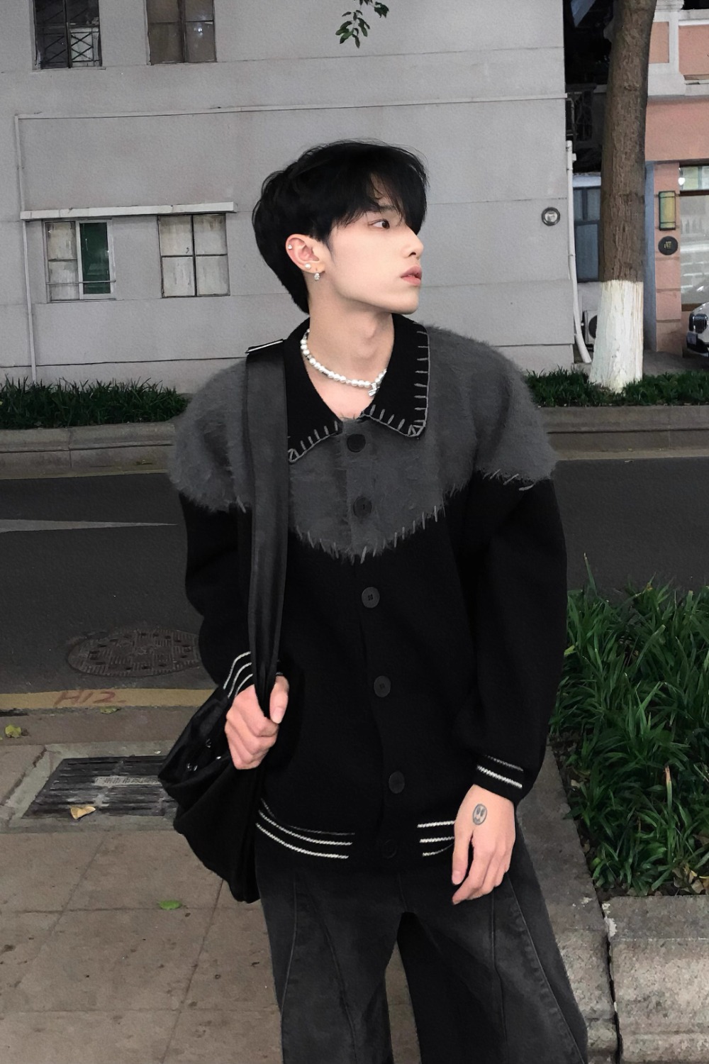 01H studios/韩国小众设计感拼接水貂毛毛衣男冬季潮流针织衫外套