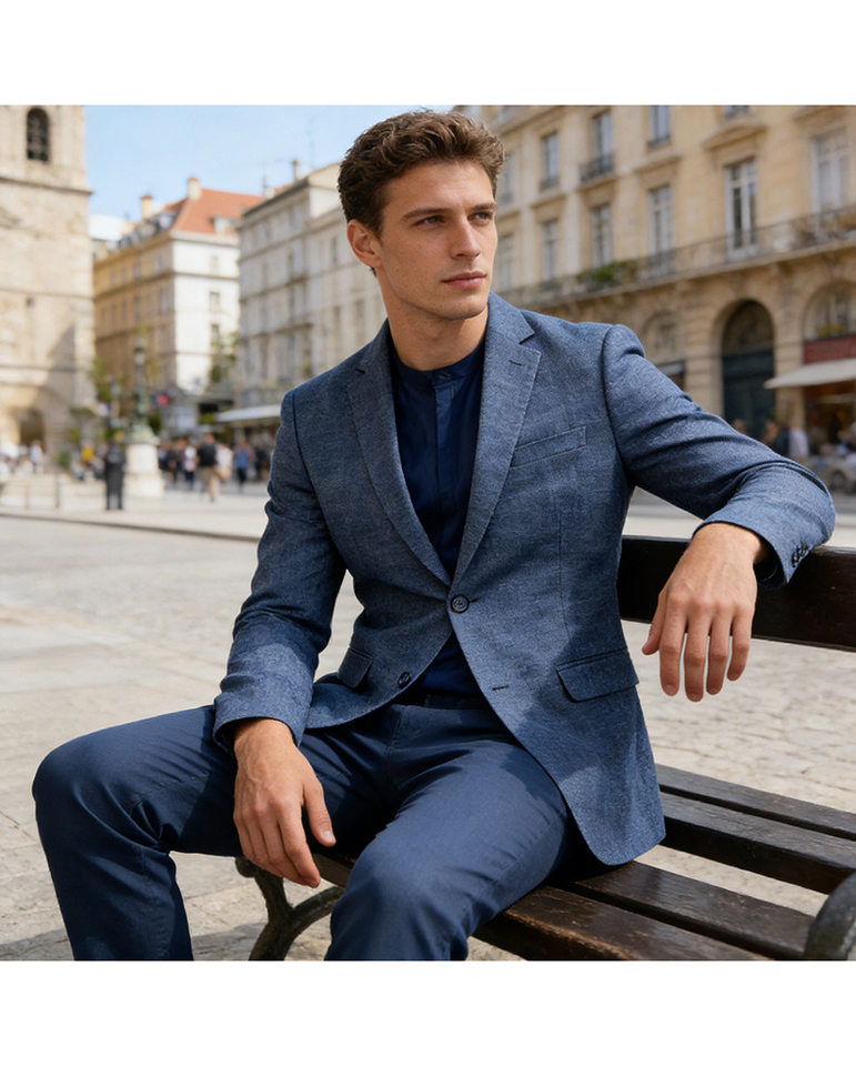Bộ vest nam công sở không nhăn dáng ôm hai món, áo vest cổ bẻ phẳng một hàng hai cúc — Áo màu xanh dương, Màu xanh dương (áo + quần tây) chi tiết 1