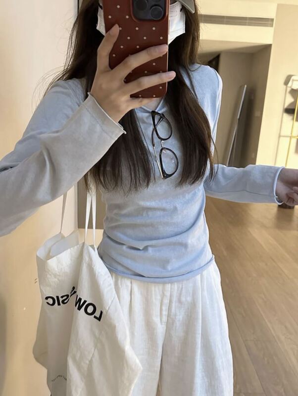 Women's long-sleeve T-shirt, spring and autumn thin round-neck base shirt, slimming, versatile, solid color top, loose and casual style