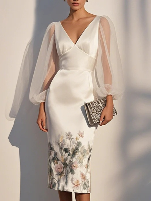2025 European and American Clothing Amazon International Site Mesh Stitching V Neck Digital Printing Dress