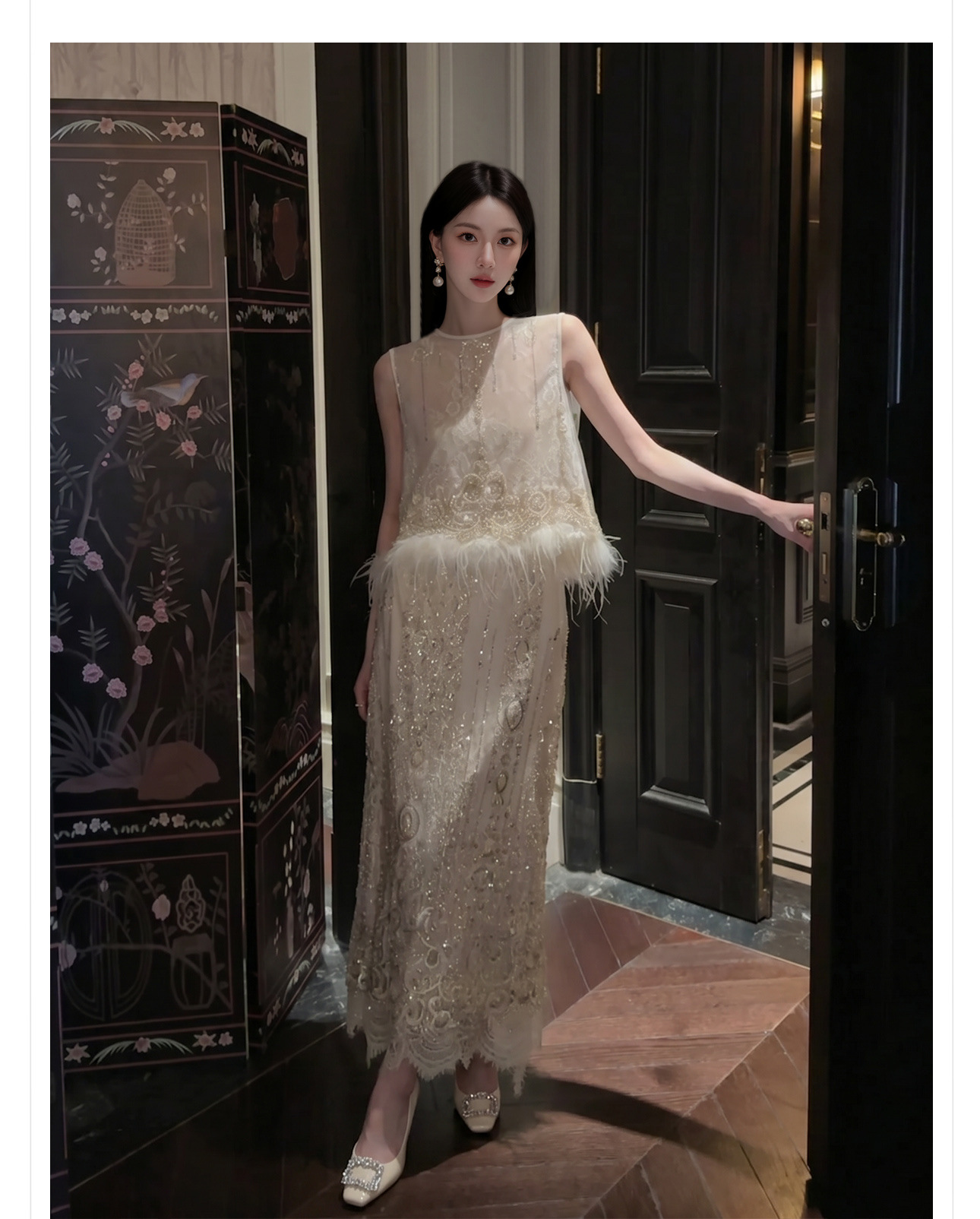 Set áo vest gile và chân váy midi thêu đính cườm phong cách Tân Trung Hoa — bộ đồ, nửa váy, Trang chủ chi tiết 5
