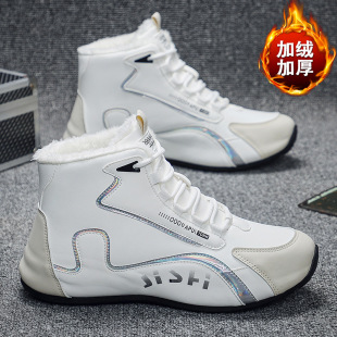 2025 Winter New Style Fleece-Lined Men's Shoes, Thickened and Warm, Fashionable Men's Casual Shoes, Korean Style Trendy High-Top Sneakers