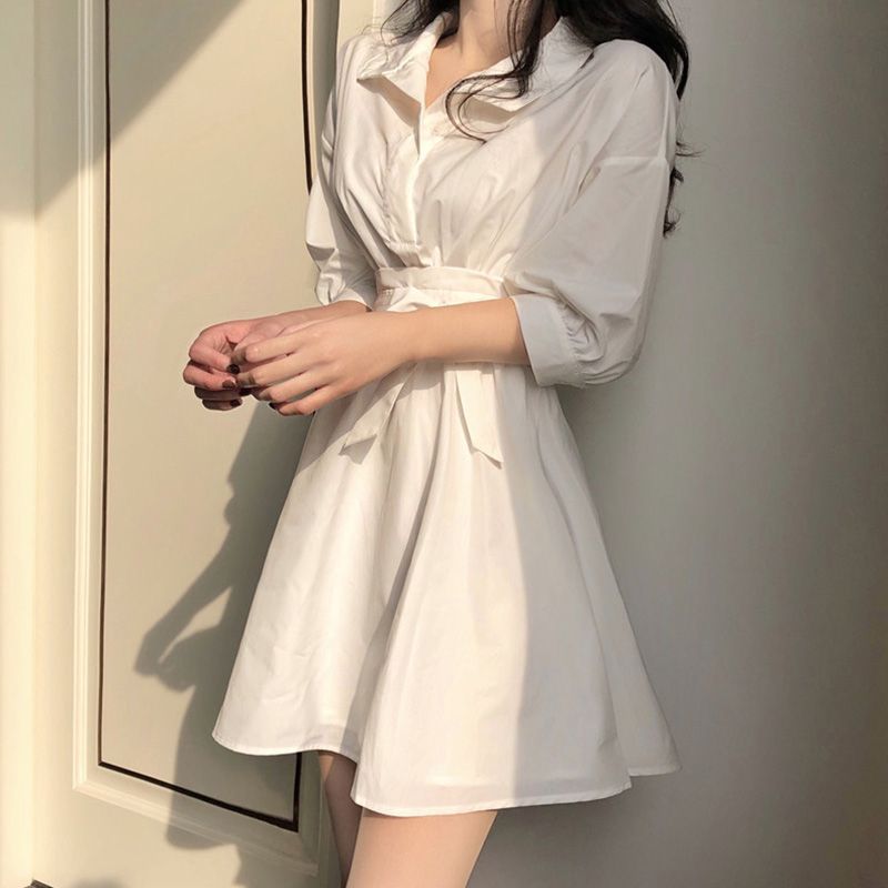 白色衬衫连衣裙女春夏季新款POLO领设计感小众泡泡袖收腰裙子