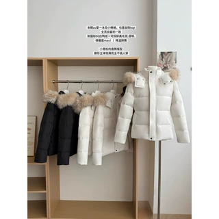 何晨曦2025新款收腰版羽绒服女冬季短款白色修身狐狸毛毛领外套