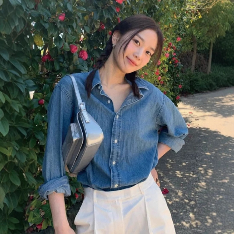 Raff Rl Denim Shirt Women's Long-Sleeved Slim Retro Washed Distressed Shirt Autumn and Winter New Top American Polo Raff Rl Denim Shirt Women's Long-Sleeved Slim Retro Washed Distressed Shirt Autumn and Winter New Top American Polo
